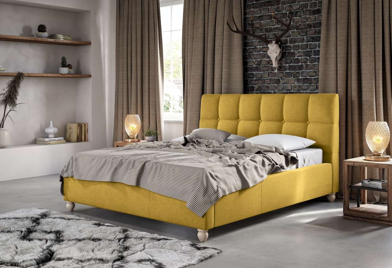 Aston kárpitozott ágy sárga színben